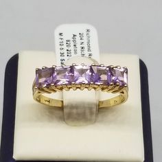 Vintage 14K Yellow Gold with Amethyst Ring, Size 11. Stamped 14K inside band. Stones are 4mm square. Weighs 2.0 dwt. We do not check prongs for wear or stones for looseness. All items are sold AS IS, noting that we are a resale shop so everything here had a previous owner! We will include flaws in the description when noted. This is one of the reasons our items are more affordable than new at a jewelry store. Are these stones real or fake? Aside from diamonds, we do not know if any gemstones are natural or synthetic. We will state on certain gemstones, that we know 100%, if they are created or fake due to their lack of inclusions. For this reason, we do not sell any diamonds without inclusions, and the larger diamonds (half ct+) are soft graded. In recent years, synthetic gemstones are bei Luxury Purple Amethyst Ring, Rectangular Shape, Luxury Purple Amethyst Rectangular Ring, Luxury Purple Rectangular Amethyst Ring, Luxury Rectangular Amethyst Ring, Rectangular Amethyst Rings In Yellow Gold, Classic Yellow Gold Rectangular Amethyst Ring, Elegant 14k Gold Rectangular Amethyst Ring, Yellow Gold Amethyst Ring With Rectangular Shape, Rectangular Amethyst Ring In 14k Gold