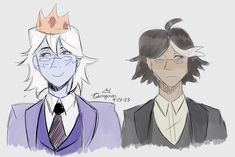 two anime characters one is wearing a suit and the other has a crown on his head