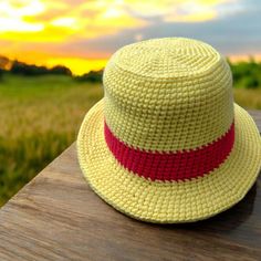 Embrace the spirit of adventure like Luffy with our One Piece inspired crochet bucket hat. Perfect for Halloween and holidays! Handmade and made to order, please allow 7-10 business days for creation. Thanks so much! 💜 Luffy Straw Hat Crochet, Crochet Bucket Hat, Costume Hats, Costume Accessories, Bucket Hat, Yellow, Halloween, Hats, Craft Supplies