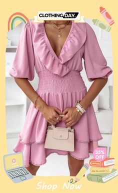 Women's Dresses Solid V-neck Elastic Waist Ruffle Dress Boho Midi Dress, Sleeves Clothing, Mini Dresses For Women, Short Sleeve Mini Dress, Casual Streetwear, Fashion Colours, Mini Dress With Sleeves, Waist Dress, Summer Dresses For Women