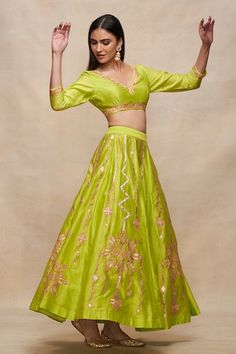 Lime green 8 kali lehenga with geometric, floral placed gota embellishments. - Aza Fashions Fitted Pista Green Lehenga With Gota Work, Fitted Green Set With Gota Work, Fitted Pista Green Choli With Gota Work, Kali Lehenga, Lehenga Skirts, Lehenga For Women, Skirts Green, Lime Green, Lehenga