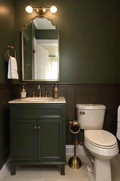 Emerald Green Gold Bathroom, Green And Gold Bathroom Vanity, Forest Green Small Bathroom, Dark Green Toilet, Green And Copper Bathroom, Dark Green Moody Bathroom, Green And Brass Bathroom, Dark Green Half Bath, Bold Half Bathroom Ideas