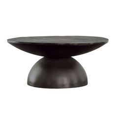 a black round table with a wooden top on an isolated white background for use as a coffee table