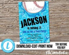 this is an image of a birthday party card with a baseball and water on it