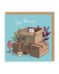 a card with a cat sleeping in a box next to a lamp and potted plant