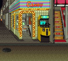 an old school video game with neon lights on the front and stairs leading up to a candy store