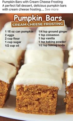 pumpkin bars with cream cheese frosting are on a white plate and have instructions to make them