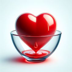 a red heart in a glass bowl filled with liquid