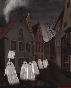 a group of ghost walking down a street next to houses