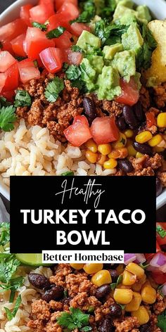 turkey taco bowl with tortilla chips and guacamole on the side