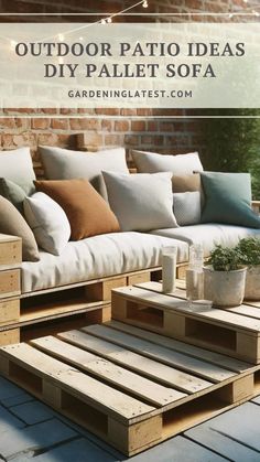 outdoor patio furniture made out of pallets with text overlay that reads, outdoor patio ideas diy pallet sofa