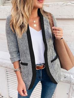 🚚FREE Shipping on orders over $60 ✨ use Code: "Mylook" for Extra Discount at checkout ﻿- 📏Sizing: run a little small 📏 MsDressly® exclusive! Keep cute and elegant with MsDressly® Slim Blazer! Soft, lightweight polyester fabric for outerwear and long sleeves. The loose bodice has a slanted collar placket. Pair it with jeans to create a casual and fashionable look on weekdays! Gender: Women Type: Coats Feature: Colorblock ,Slim Material: 100% Polyester Care: Hand Wash Cold. Do Not Bleach. Line Dry. Iron Low Heat Style: Casual/Fashion Color: Grey Size: S, M, L, XL Please Note: All Dimensions Are Measured Manually With A Deviation Of 1 To 3cm. Work Outfits Frauen, Look Legging, Slim Blazer, Slim Suit, Casual Work Outfits, Plaid Fashion, Long Sleeve Blazers, Work Outfits Women, Blazer Fashion