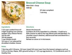 broccoli cheese soup recipe with instructions on the bottom right side and an image of broccoli