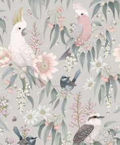 birds and flowers on a light blue background