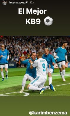 a soccer game is being played on the field with players in blue and white uniforms