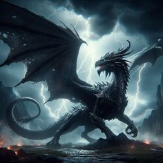 a black dragon is standing in the middle of a storm