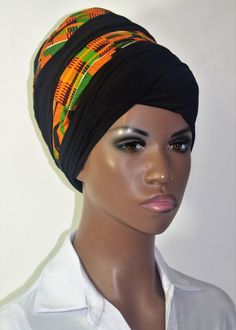 This wrap is made from a combination of black knit and Kente cotton fabric. The Kente is sandwiched between the knit creating a beautiful effect when wrapped. The wrap comes in two lengths.. https://www.etsy.com/listing/187378561/fya-volume-cap-with-anti-slip-headband?ref=shop_home_active_14 Wrap in your desired style. 35% Lycra /65% Cotton Hand wash / Machine wash Handmade in USA Hair Covering, Hair Cover, African Inspired, Turbans, Atlanta Ga, Black Knit, Head Wraps, Womens Hairstyles, Atlanta