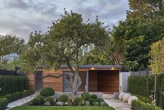 a modern garden with trees and shrubs in the foreground