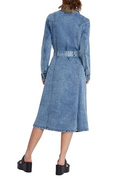 This denim shirtdress is designed in a longline silhouette with cargo pockets and a removable tie belt. 46 1/2" length Spread collar Long sleeves with one-button cuffs Removable tie belt Unlined 96% cotton, 3% polyester, 1% spandex Machine wash, tumble dry Imported Belted Midi Denim Dress In Medium Wash, Chic Medium Wash Belted Denim Dress, Chic Belted Knee-length Denim Dress, Chic Knee-length Belted Denim Dress, Medium Wash Shirt Dress With Pockets For Work, Spring Belted Denim Blue Denim Dress, Belted Knee-length Denim Dress, Denim Blue Workwear Shirt Dress With Pockets, Workwear Denim Blue Shirt Dress With Pockets