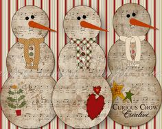 three snowmen are standing next to each other with music notes on their faces and the words curious crow creative