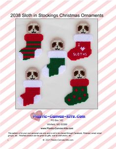 cross stitch christmas stocking ornaments with santa's stockings and stockings on them in red, white and green