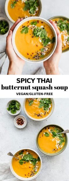 two bowls filled with soup and the words spicy thai butternut squash soup on top