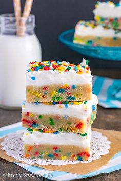 three colorful cake bars stacked on top of each other