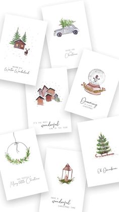 six christmas cards with watercolor illustrations on them