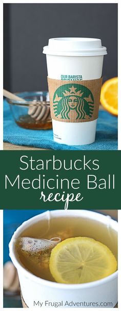 starbucks's medicine ball recipe with lemons and cinnamon on the side, and a cup of tea