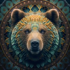 a bear's head is shown in an intricately designed image with blue and gold colors