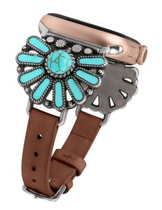 PRICES MAY VARY. 【Boho Chic & Western Design】This Western band compatible with Apple watch band offers unique look with well-crafted Western famine design. The turquoise stone and its surrounding drop design form the shape of a sunflower, symbolizing sunshine, happiness and hope. It's like a love letter to your wrist, with multiple romantic elements that will have you getting tons of compliments. 【Premium Material】Leather band compatible with Apple watch band is consisting of genuine leather, tu Apple Watch Band Women, Apple Watch Bands Women, Classy Watch, Western Vintage, Watches Women, Apple Watch Accessories, Apple Watch Models, Drop Design, Western Design