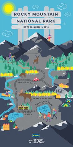 the rocky mountain national park is featured in this retro style poster, which features people and animals