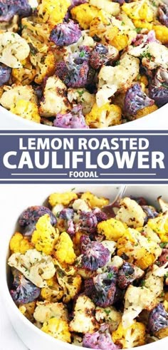 two bowls filled with cauliflower and blueberries next to the words lemon roasted cauliflower