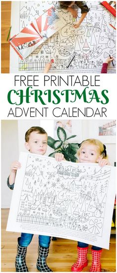 two children holding up a christmas calendar with the words, free printable christmas coloring pages