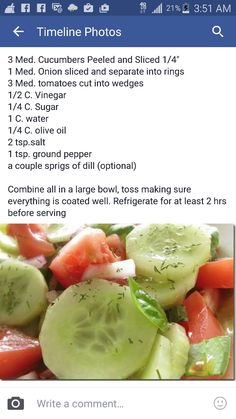 the recipe for cucumbers and sliced tomatoes is displayed on an instagram page