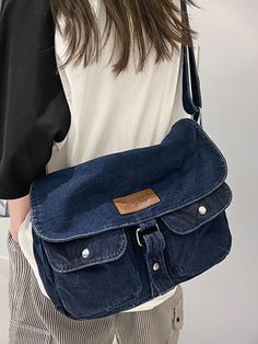 Azul Casual,Vintage,De moda Collar  Lona Letras,Liso,Estampado en Textura Bolso Satchel Embellished Messenger Bag Patterns, Homemade Bags, Jean Purse, Canvas Letters, Vintage Jeans, Blue Bags, Bag Pattern, Canvas Bag, All Fashion