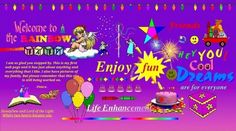 an image of a birthday card with balloons and other things on the purple background that says, welcome to the rainbow show