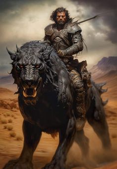 a man riding on the back of a black horse next to a demon like creature