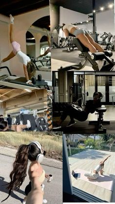 there are many pictures of people doing different things in the gym and on the treadmill