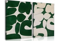 two green and white abstract paintings on canvas