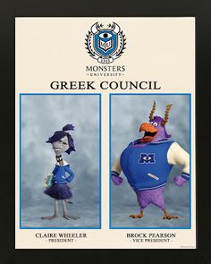 two cartoon characters are posed in front of a sign that says, monsters greek council