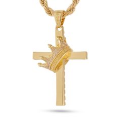 Pay tribute to the King of Kings with your own Kingdom Cross from King Ice. The crown is 3-dimensional and the stones are in AAA quality. Gift Cross Pendant Necklace With Rope Chain, Gift Rope Chain Necklace With Cross Pendant, Rope Chain Necklace With Cross Pendant For Gift, Luxury Rope Chain Jewelry For Gift, Spiritual Pendant Jewelry With Rope Chain, Yellow Gold Cross Pendant Jewelry With Rope Chain, Yellow Gold Cross Pendant With Rope Chain, Yellow Gold Rope Chain With Cross Pendant Jewelry, Tarnish Resistant Spiritual Cross Jewelry