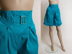 Vintage High Waist Shorts - 1990s Turquoise Aquamarine Blue Wide Leg Flare Buckle Shorts by Caribbean Pacific - Small XS 24" Waist Vintage Blue Shorts With Belt Loops, Vintage Blue Shorts, Cyan Shorts, 90s Blue Shorts With Pockets, Vintage High-waist Shorts With Button Closure, Turquoise Shorts, 1980s Fashion Women, 1950s Skirt, Hourglass Dress