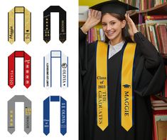 a woman wearing a graduation cap and gown in front of bookshelves with the words class of 2016 on it