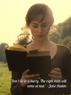 a woman is reading a book in the grass with a quote from jane austen