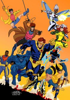 the x - men are all flying through the air in front of an orange sky