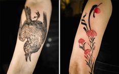 two different tattoos on the arms of people with flowers and birds in their arm sleeves