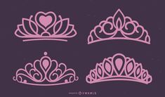 four tiaras with hearts on the top and one heart in the middle, set against a purple background