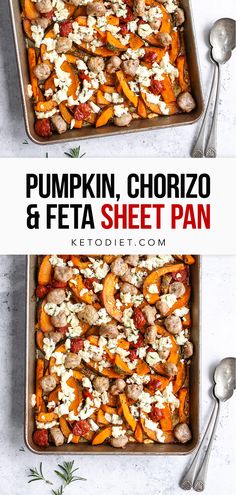 pumpkin, chorizo and feta sheet pan with spoons on the side