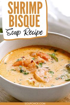 shrimp bisque soup recipe in a white bowl